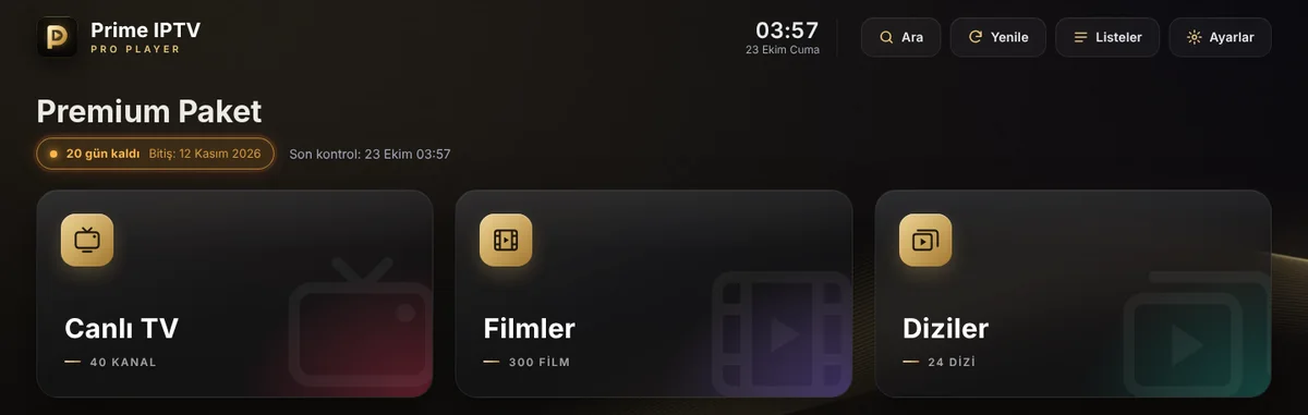 Prime IPTV Pro Player ana ekranı